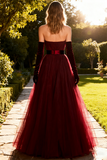 Burgundy A-Line Tulle Strapless Long Prom Dress with Belt