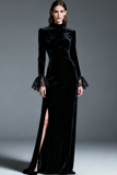 Black Velvet High Neck Long Holiday Party Dress with Slit