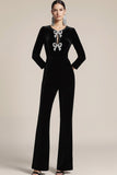Sparkly Black Jewel Neck Beaded Velvet Party Jumpsuits