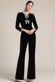 Sparkly Black Jewel Neck Beaded Velvet Party Jumpsuits