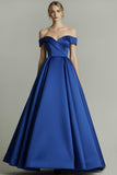 Blue A-Line Off the Shoulder Backless Long Prom Dress