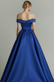 Blue A-Line Off the Shoulder Backless Long Prom Dress
