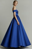 Blue A-Line Off the Shoulder Backless Long Prom Dress
