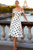 White Polka Dots Off the Shoulder A-Line Midi Cocktail Dress