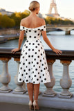 White Polka Dots Off the Shoulder A-Line Midi Cocktail Dress
