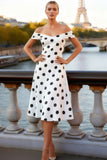 White Polka Dots Off the Shoulder A-Line Midi Cocktail Dress