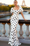 White Polka Dots Puff Sleeves Mermaid Long Formal Dress