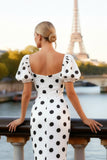 White Polka Dots Puff Sleeves Mermaid Long Formal Dress