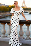 White Polka Dots Puff Sleeves Mermaid Long Formal Dress
