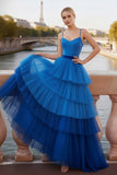 Blue Tiered A-Line Ruffled Spaghetti Straps Long Corset Prom Dress