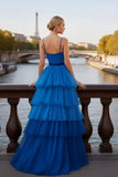 Blue Tiered A-Line Ruffled Spaghetti Straps Long Corset Prom Dress