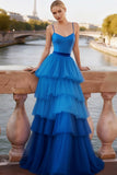 Blue Tiered A-Line Ruffled Spaghetti Straps Long Corset Prom Dress