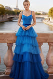 Blue Tiered A-Line Ruffled Spaghetti Straps Long Corset Prom Dress