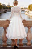 White A Line Lace Midi Bridal Dress with Sleeves