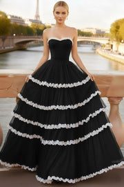 Black Tiered Ruffled Sweetheart Long Corset Prom Dress