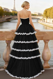 Black Tiered Ruffled Sweetheart Long Corset Prom Dress