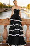 Black Tiered Ruffled Sweetheart Long Corset Prom Dress