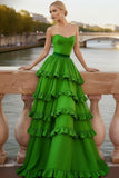 Green Tiered A-Line Ruffled Sweetheart Long Corset Prom Dress