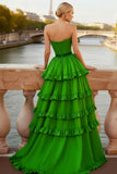 Green Tiered A-Line Ruffled Sweetheart Long Corset Prom Dress