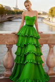 Green Tiered A-Line Ruffled Sweetheart Long Corset Prom Dress