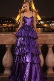 Sparkly Purple Tiered Sequin Ruffled Spaghetti Straps Long Prom Dress