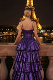 Sparkly Purple Tiered Sequin Ruffled Spaghetti Straps Long Prom Dress