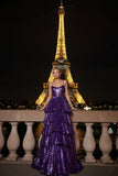 Sparkly Purple Tiered Sequin Ruffled Spaghetti Straps Long Prom Dress