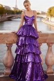 Sparkly Purple Tiered Sequin Ruffled Spaghetti Straps Long Prom Dress