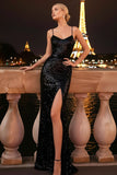 Sparkly Black Sequin Mermaid Long Prom Dress with Slit