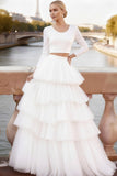 White 2 Piece A Line Tiered Tulle Long Prom Dress with Ruffles