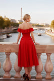 Red A Line Off the Shoulder Backless Tulle Midi Cocktail Dress