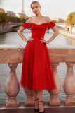 Red A Line Off the Shoulder Backless Tulle Midi Cocktail Dress