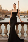 Black Square Neck Mermaid Sweep Train Formal Dress