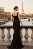 Black Square Neck Mermaid Sweep Train Formal Dress
