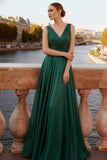 Emerald Green A Line V-Neck Long Evening Dress