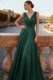 Emerald Green A Line V-Neck Long Evening Dress
