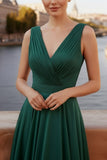 Emerald Green A Line V-Neck Long Evening Dress