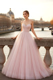 Light Pink Tulle Long Corset Prom Dress with Beading