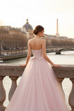 Light Pink Tulle Long Corset Prom Dress with Beading