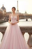 Light Pink Tulle Long Corset Prom Dress with Beading