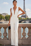 White Deep V-Neck Formal Jumpsuits with Belt