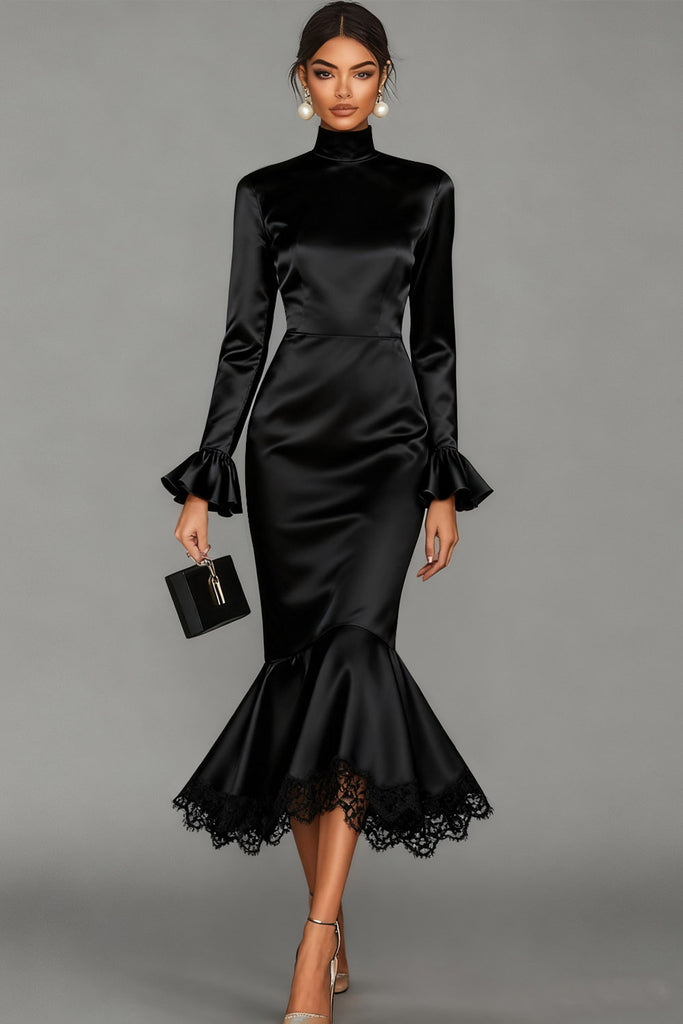 Leely Women Black Satin Midi Cocktail Dress with Lace High Neck Mermaid