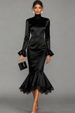 Black Mermaid Satin High Neck Midi Cocktail Dress with Lace