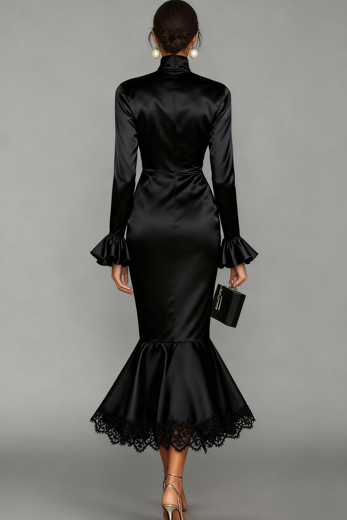 Leely Women Black Satin Midi Cocktail Dress with Lace High Neck Mermaid
