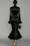 Black Mermaid Satin High Neck Midi Cocktail Dress with Lace