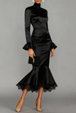 Black Mermaid Satin High Neck Midi Cocktail Dress with Lace