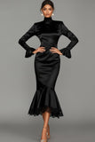 Black Mermaid Satin High Neck Midi Cocktail Dress with Lace