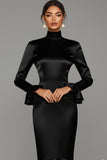 Black Mermaid Satin High Neck Midi Cocktail Dress with Lace