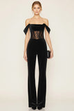 Black Off the Shoulder Corset Velvet Party Jumpsuits with Lace