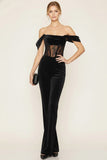 Black Off the Shoulder Corset Velvet Party Jumpsuits with Lace